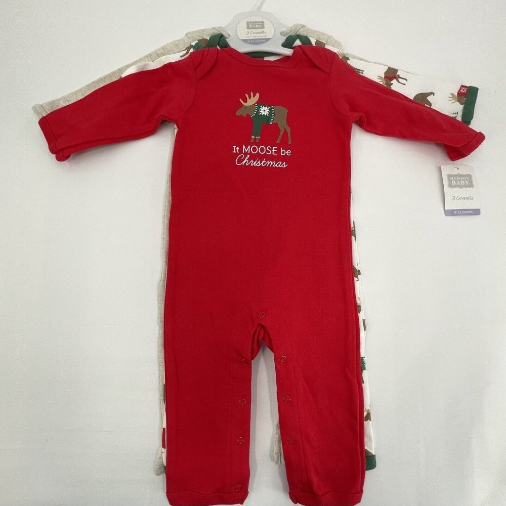 Hudson Baby Christmas Themed 3-Pack Coveralls Romper Size 9-12 m Moose Trees